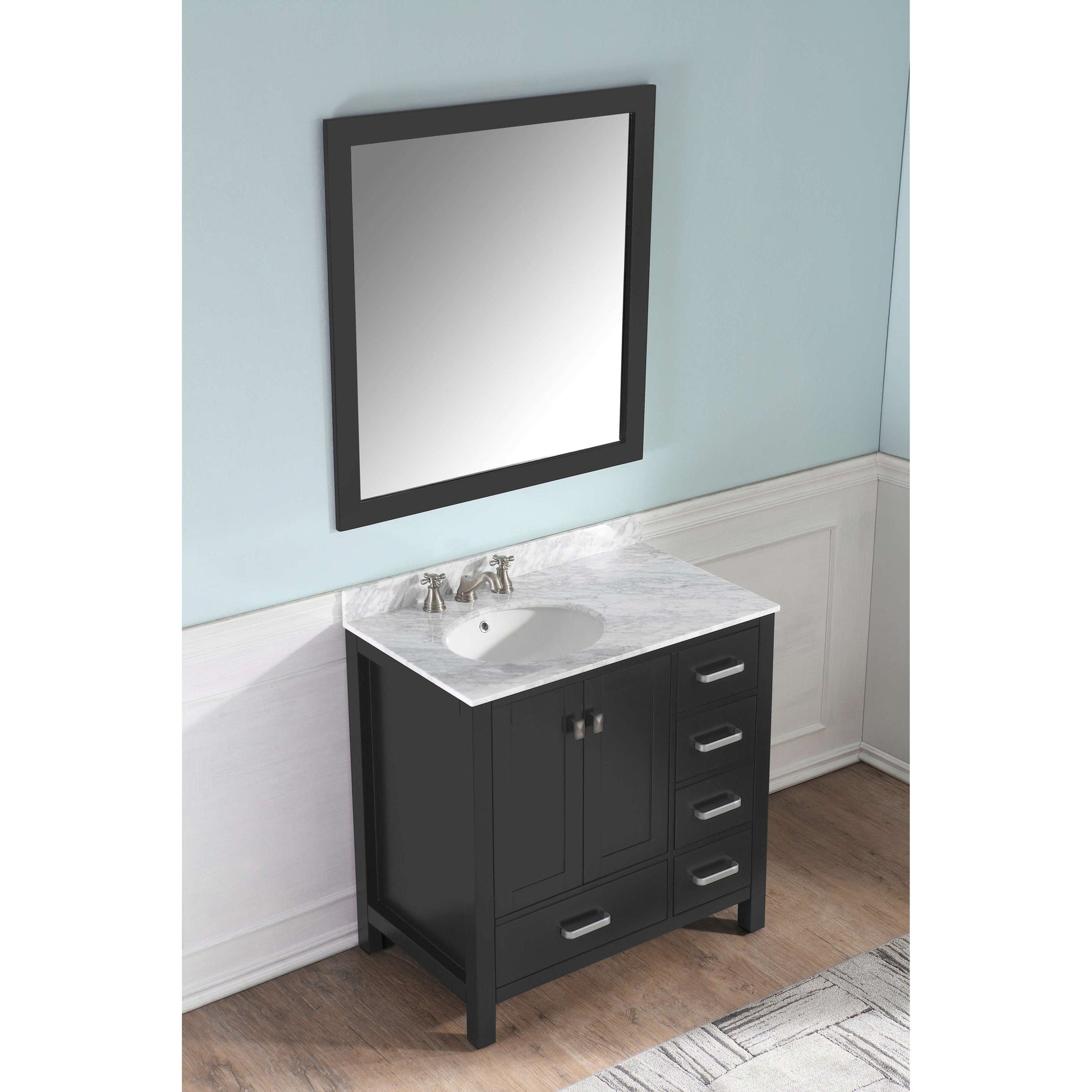 ANZZI Chateau Series 36" x 35" Rich Black Solid Wood Bathroom Vanity With White Carrara Marble Countertop, Basin Sink and Mirror