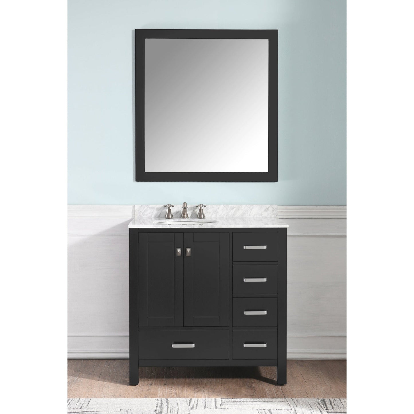 ANZZI Chateau Series 36" x 35" Rich Black Solid Wood Bathroom Vanity With White Carrara Marble Countertop, Basin Sink and Mirror