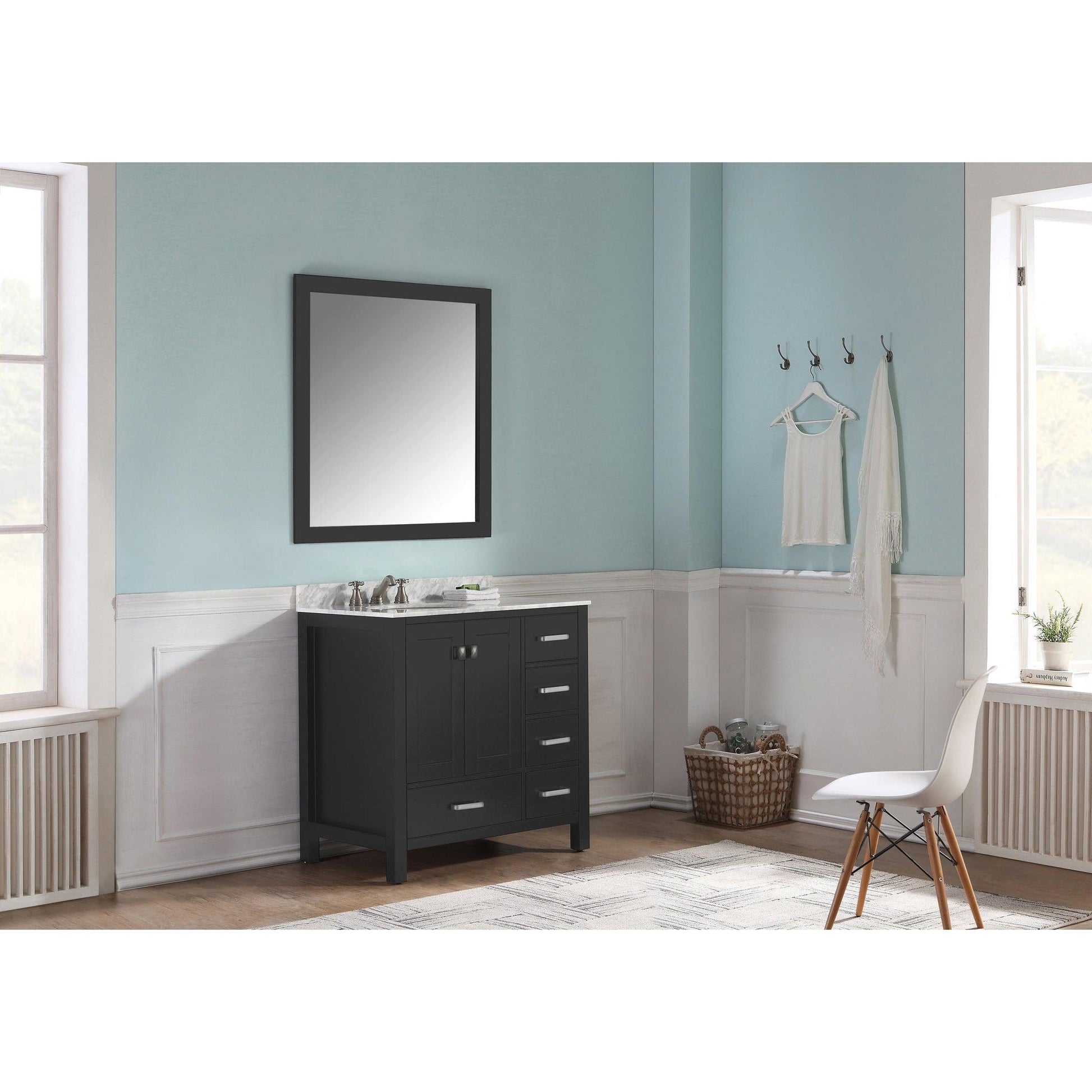 ANZZI Chateau Series 36" x 35" Rich Black Solid Wood Bathroom Vanity With White Carrara Marble Countertop, Basin Sink and Mirror