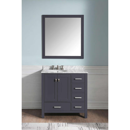 ANZZI Chateau Series 36" x 35" Rich Gray Solid Wood Bathroom Vanity With White Carrara Marble Countertop, Basin Sink and Mirror