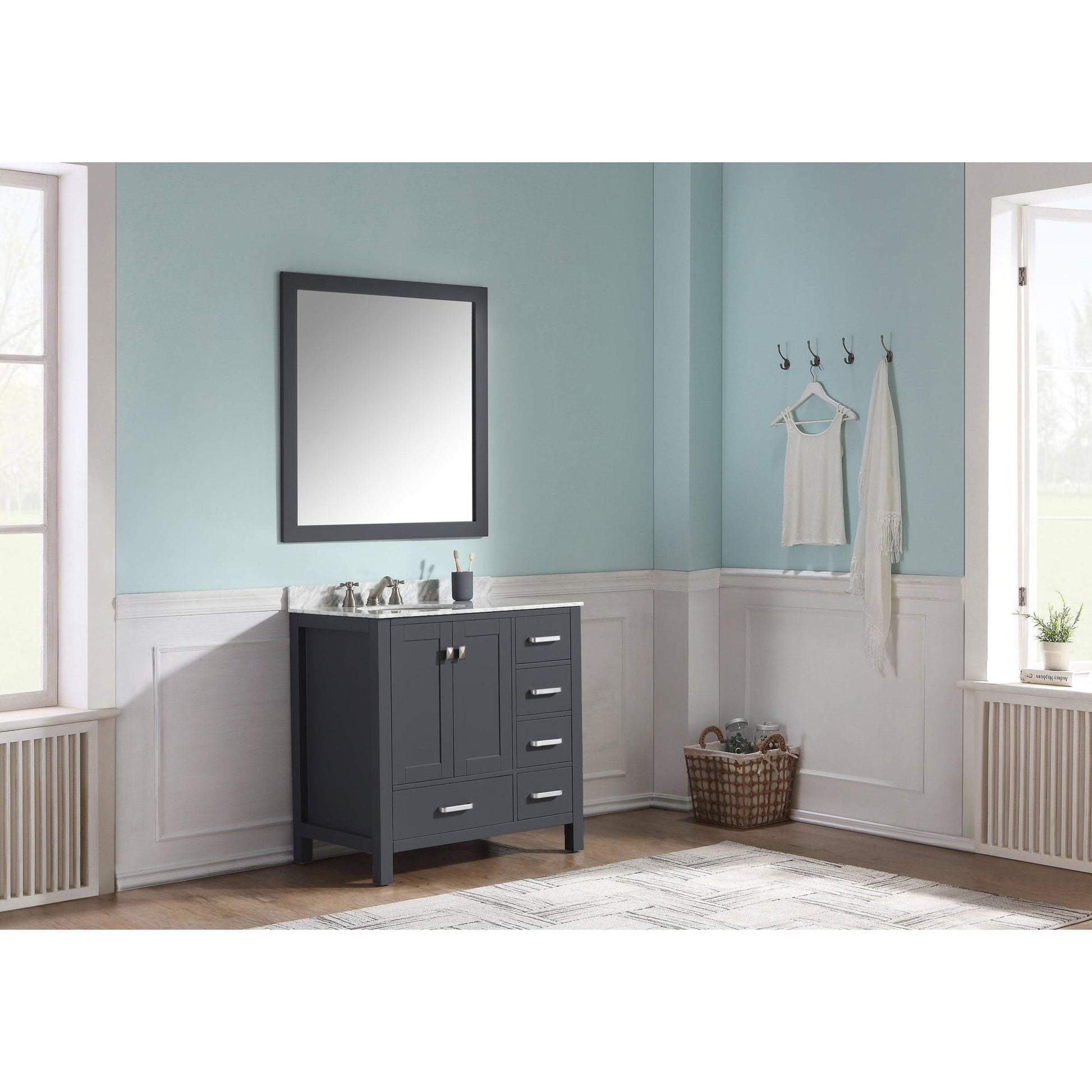 ANZZI Chateau Series 36" x 35" Rich Gray Solid Wood Bathroom Vanity With White Carrara Marble Countertop, Basin Sink and Mirror