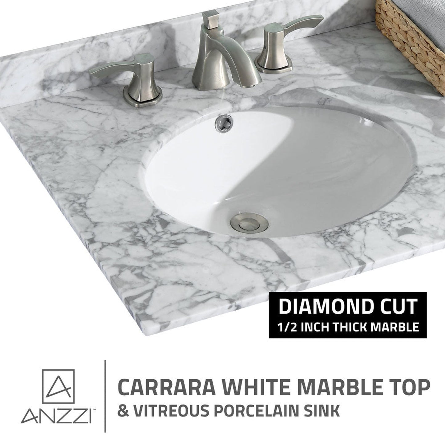 ANZZI Chateau Series 36" x 35" Rich Gray Solid Wood Bathroom Vanity With White Carrara Marble Countertop, Basin Sink and Mirror