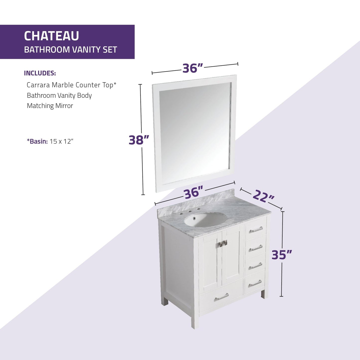 ANZZI Chateau Series 36" x 35" Rich White Solid Wood Bathroom Vanity With White Carrara Marble Countertop, Basin Sink and Mirror