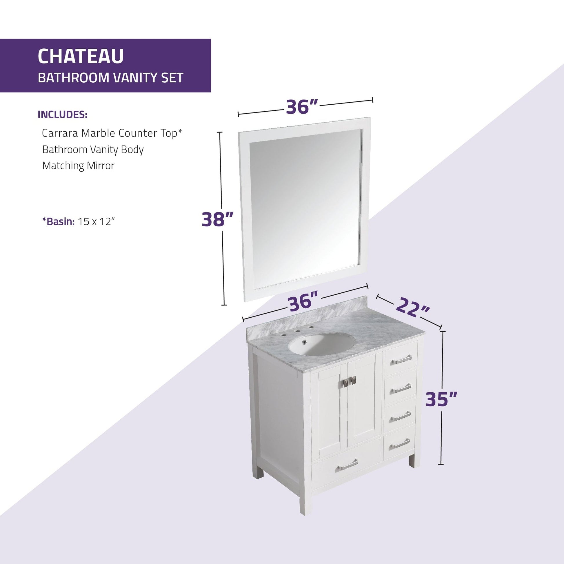 ANZZI Chateau Series 36" x 35" Rich White Solid Wood Bathroom Vanity With White Carrara Marble Countertop, Basin Sink and Mirror