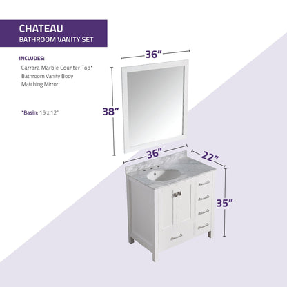 ANZZI Chateau Series 36" x 35" Rich White Solid Wood Bathroom Vanity With White Carrara Marble Countertop, Basin Sink and Mirror