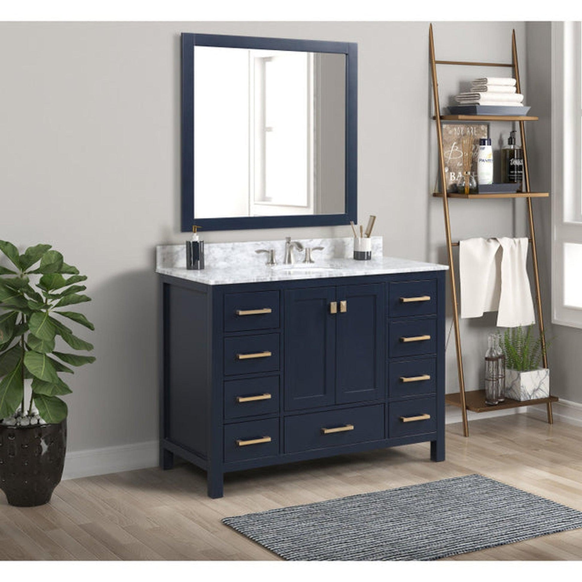 ANZZI Chateau Series 48" x 36" Navy Blue Solid Wood Bathroom Vanity With White Carrara Marble Countertop, Basin Sink and Mirror