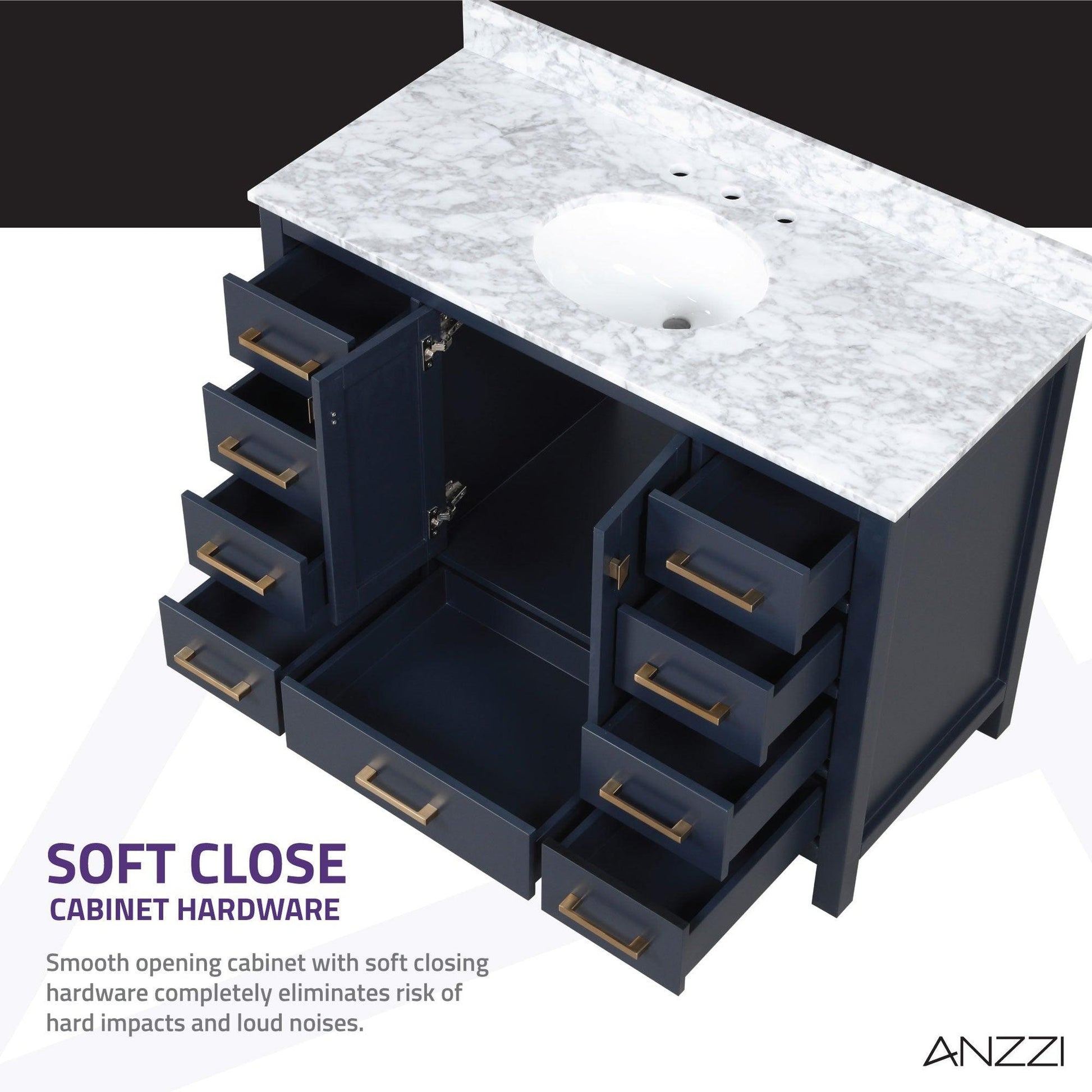 ANZZI Chateau Series 48" x 36" Navy Blue Solid Wood Bathroom Vanity With White Carrara Marble Countertop, Basin Sink and Mirror