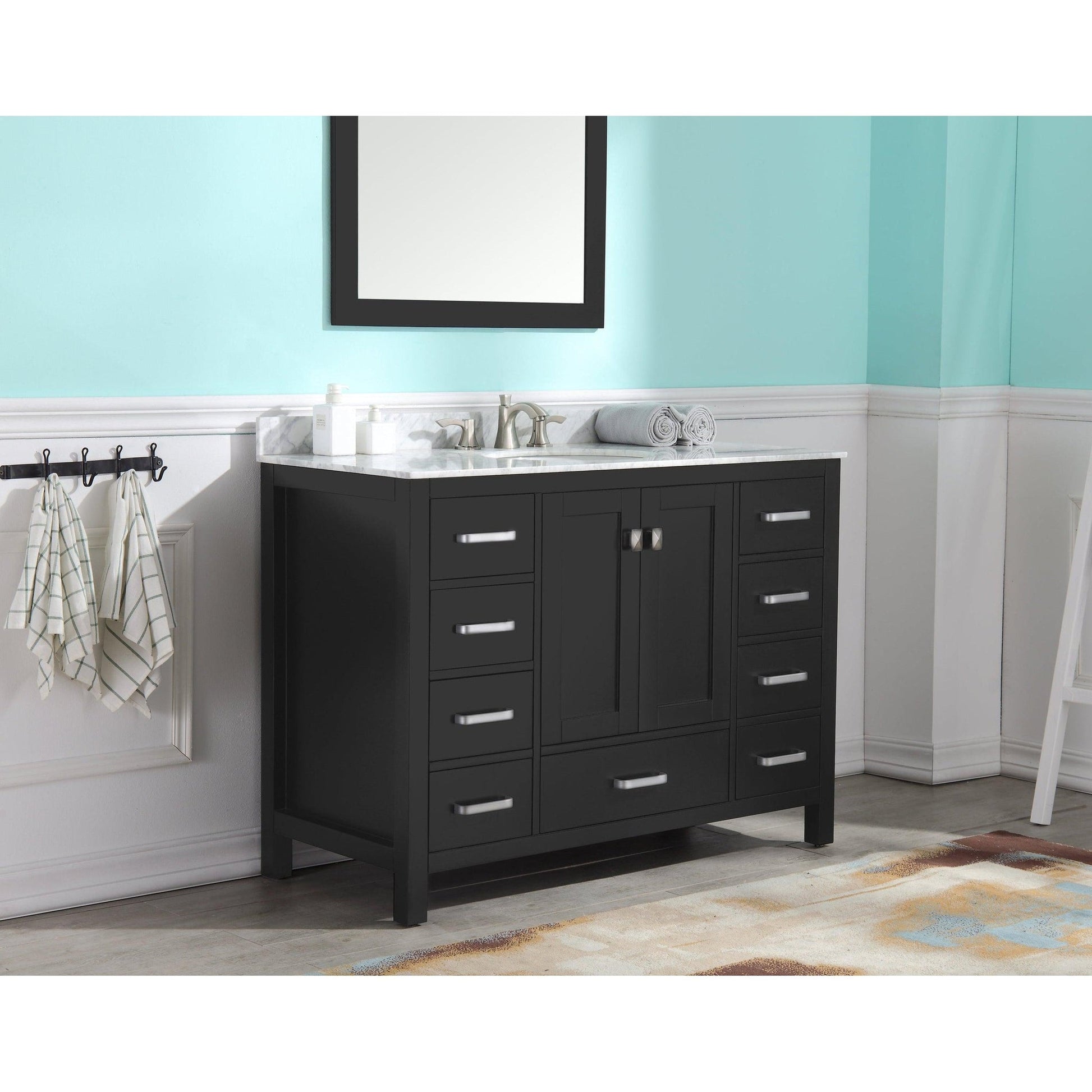 ANZZI Chateau Series 48" x 36" Rich Black Solid Wood Bathroom Vanity With White Carrara Marble Countertop, Basin Sink and Mirror