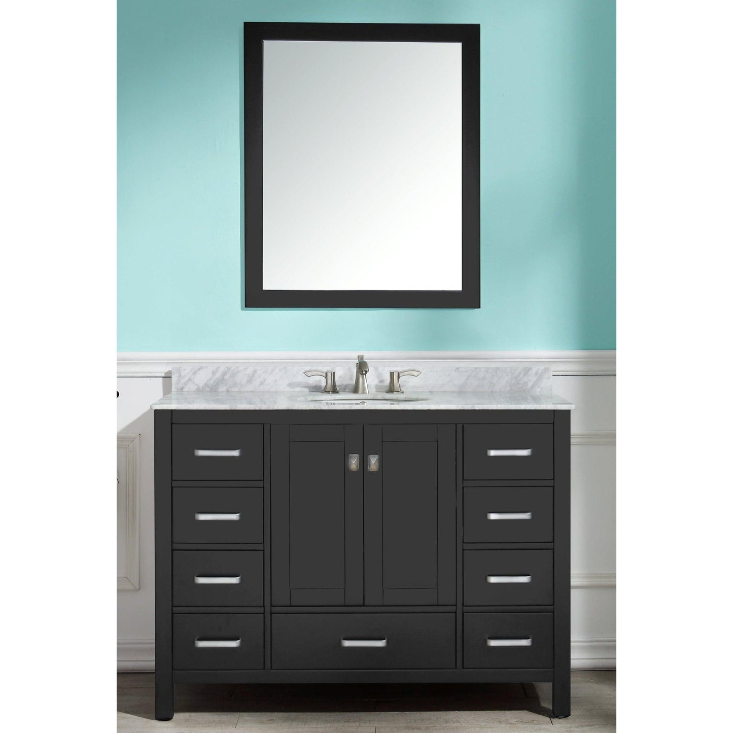 ANZZI Chateau Series 48" x 36" Rich Black Solid Wood Bathroom Vanity With White Carrara Marble Countertop, Basin Sink and Mirror