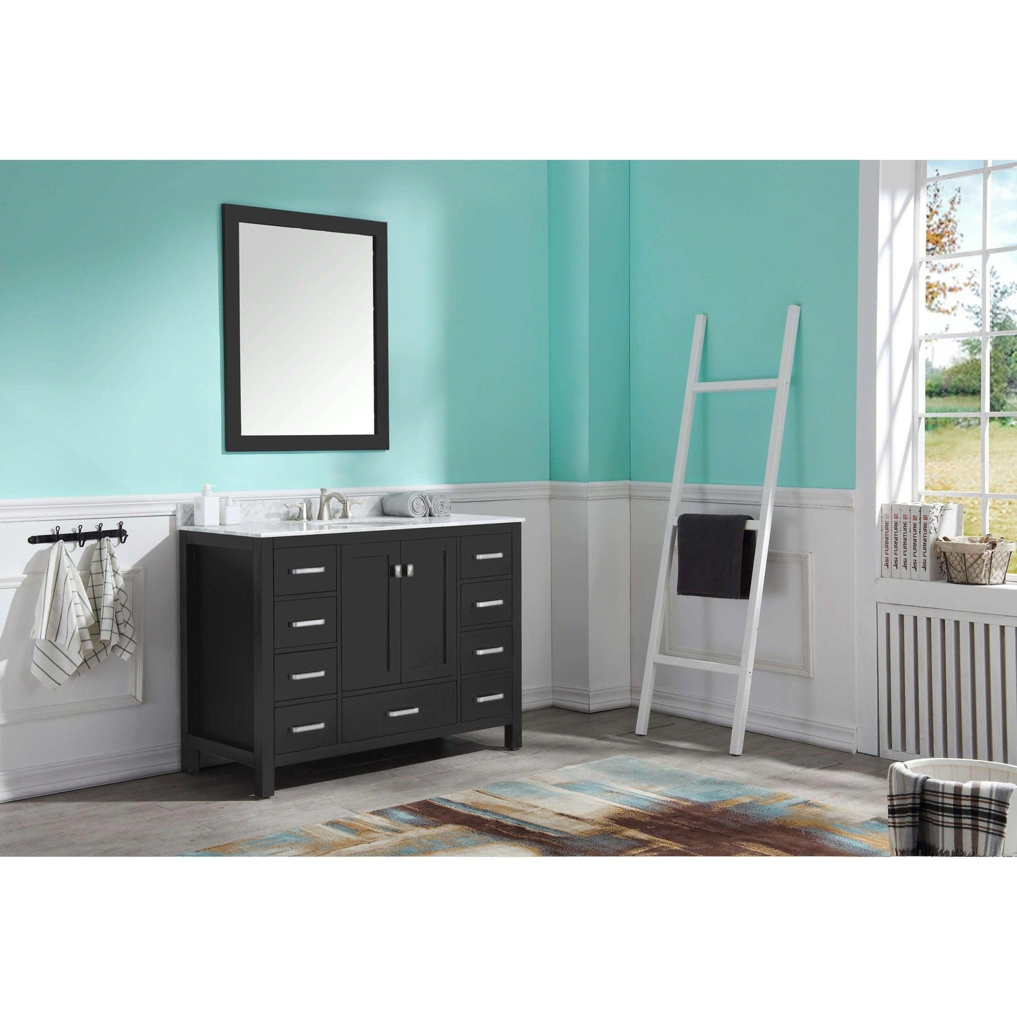 ANZZI Chateau Series 48" x 36" Rich Black Solid Wood Bathroom Vanity With White Carrara Marble Countertop, Basin Sink and Mirror