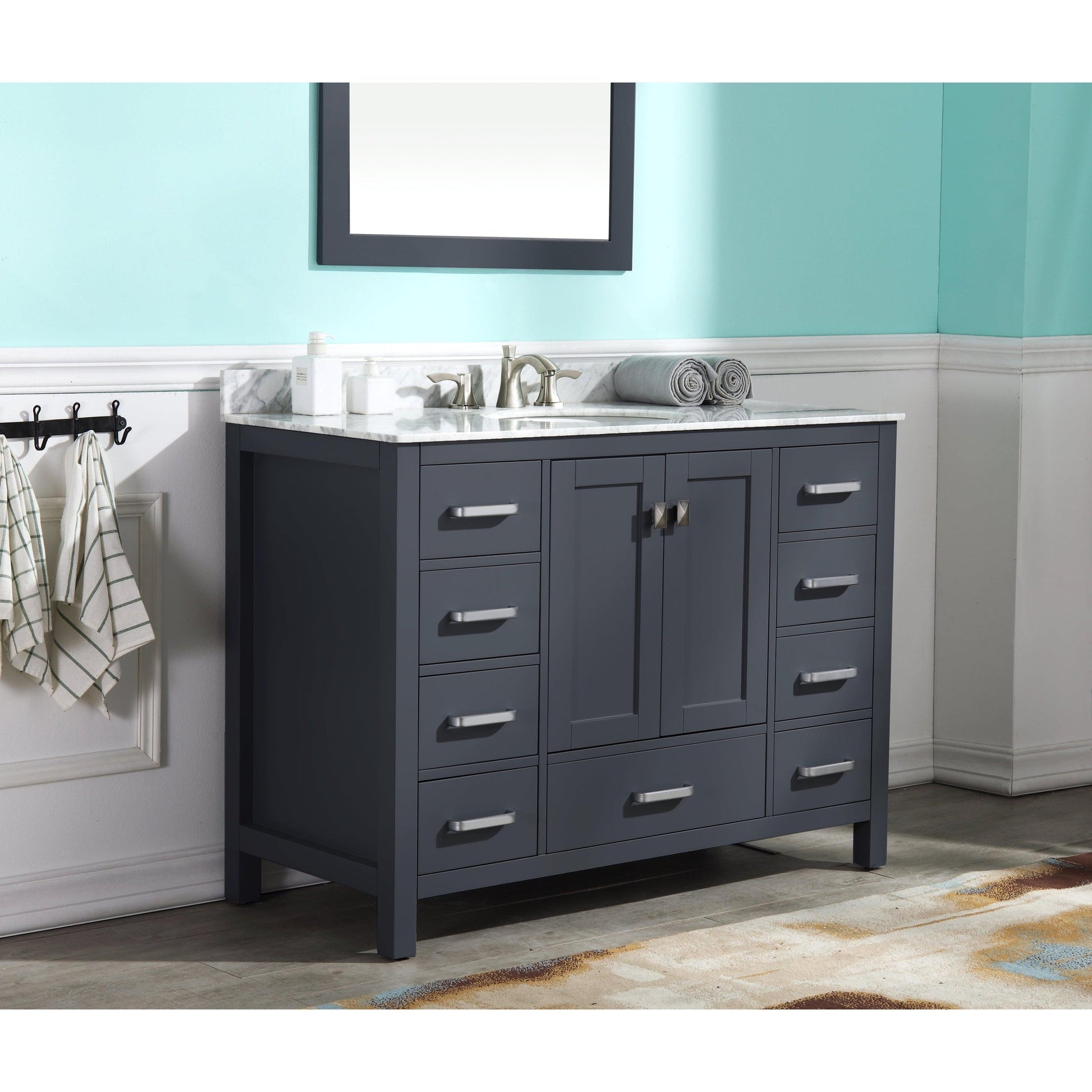 ANZZI Chateau Series 48" x 36" Rich Gray Solid Wood Bathroom Vanity With White Carrara Marble Countertop, Basin Sink and Mirror