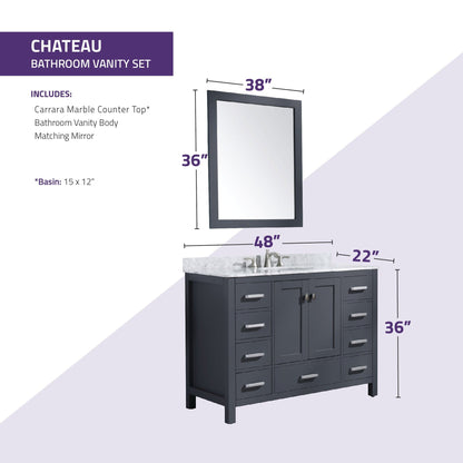 ANZZI Chateau Series 48" x 36" Rich Gray Solid Wood Bathroom Vanity With White Carrara Marble Countertop, Basin Sink and Mirror