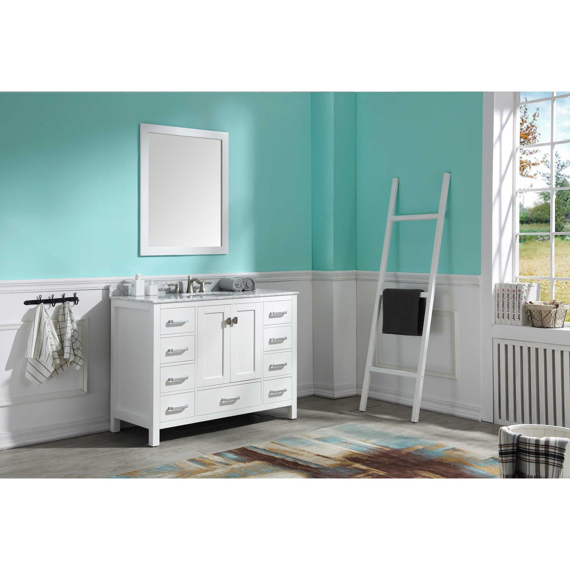 ANZZI Chateau Series 48" x 36" Rich White Solid Wood Bathroom Vanity With White Carrara Marble Countertop, Basin Sink and Mirror