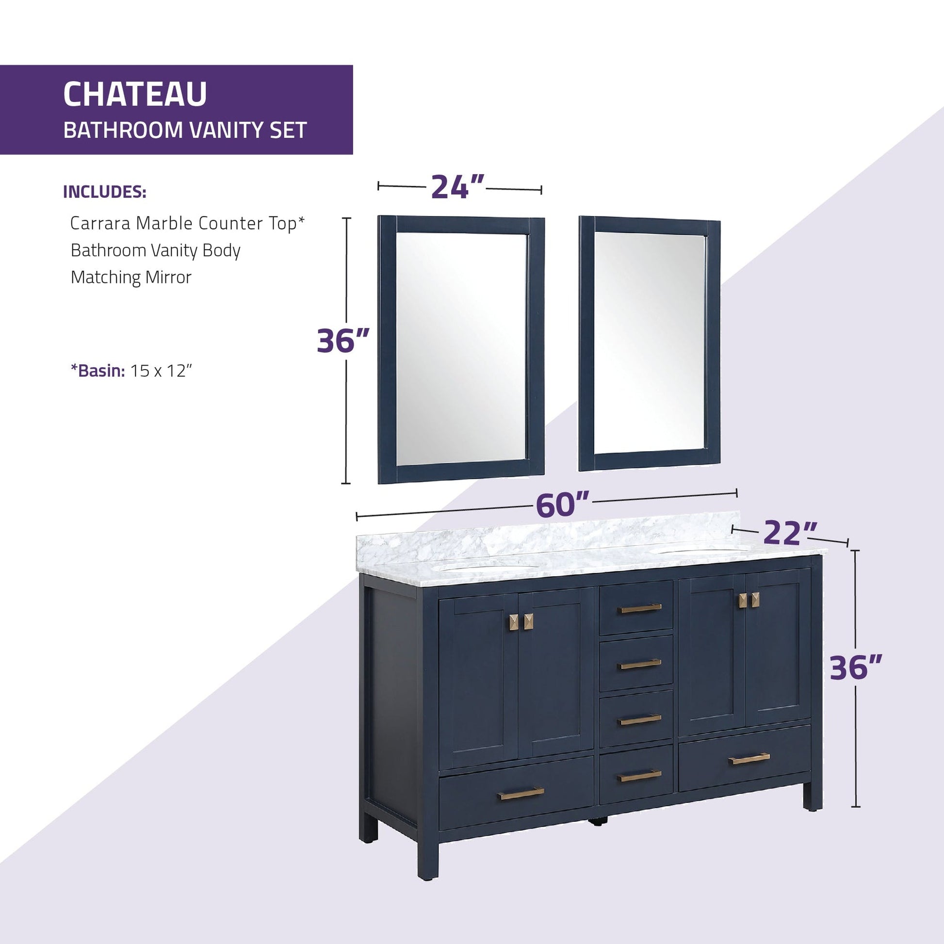 ANZZI Chateau Series 60" x 36" Navy Blue Solid Wood Bathroom Vanity With White Carrara Marble Countertop, Basin Sink and Mirror