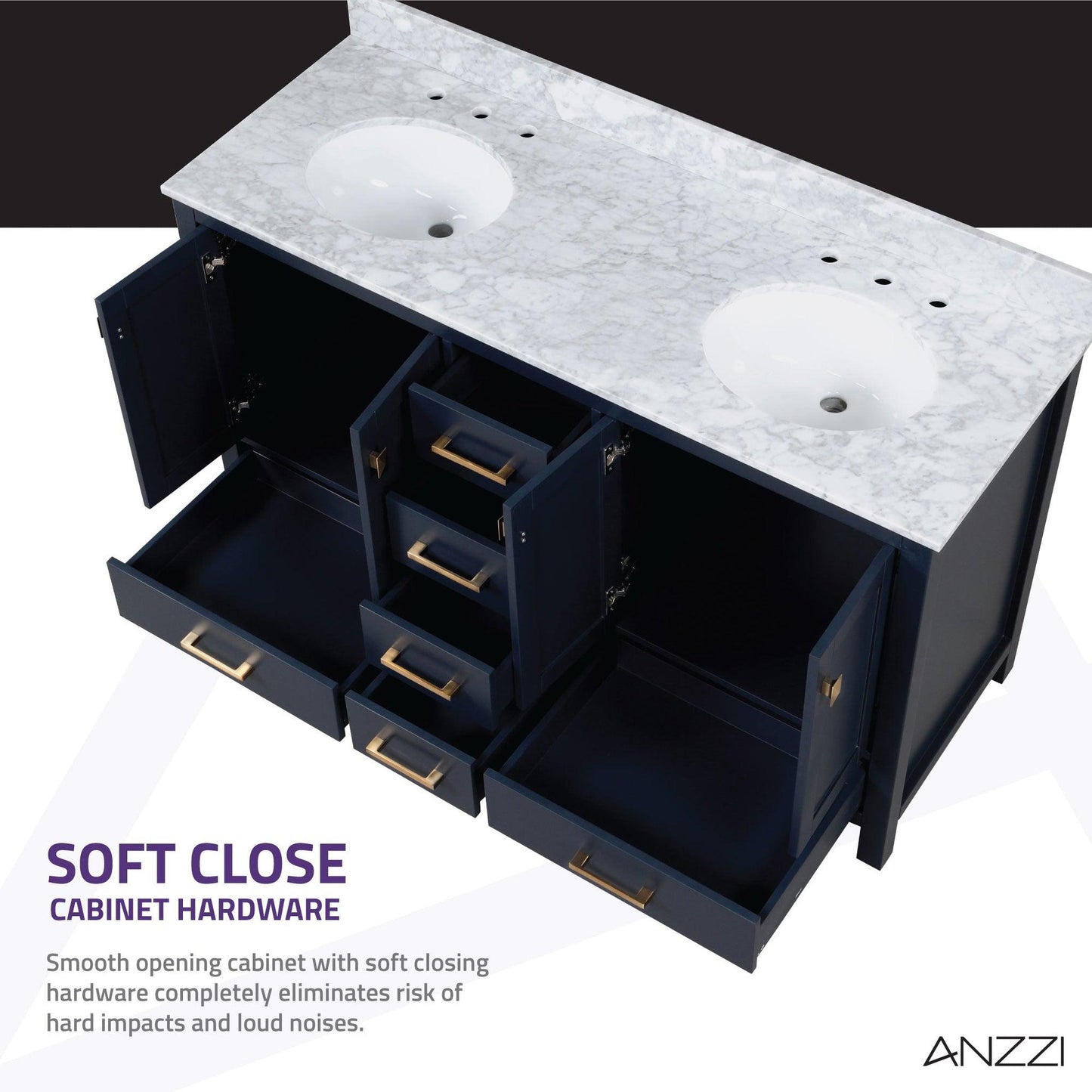 ANZZI Chateau Series 60" x 36" Navy Blue Solid Wood Bathroom Vanity With White Carrara Marble Countertop, Basin Sink and Mirror
