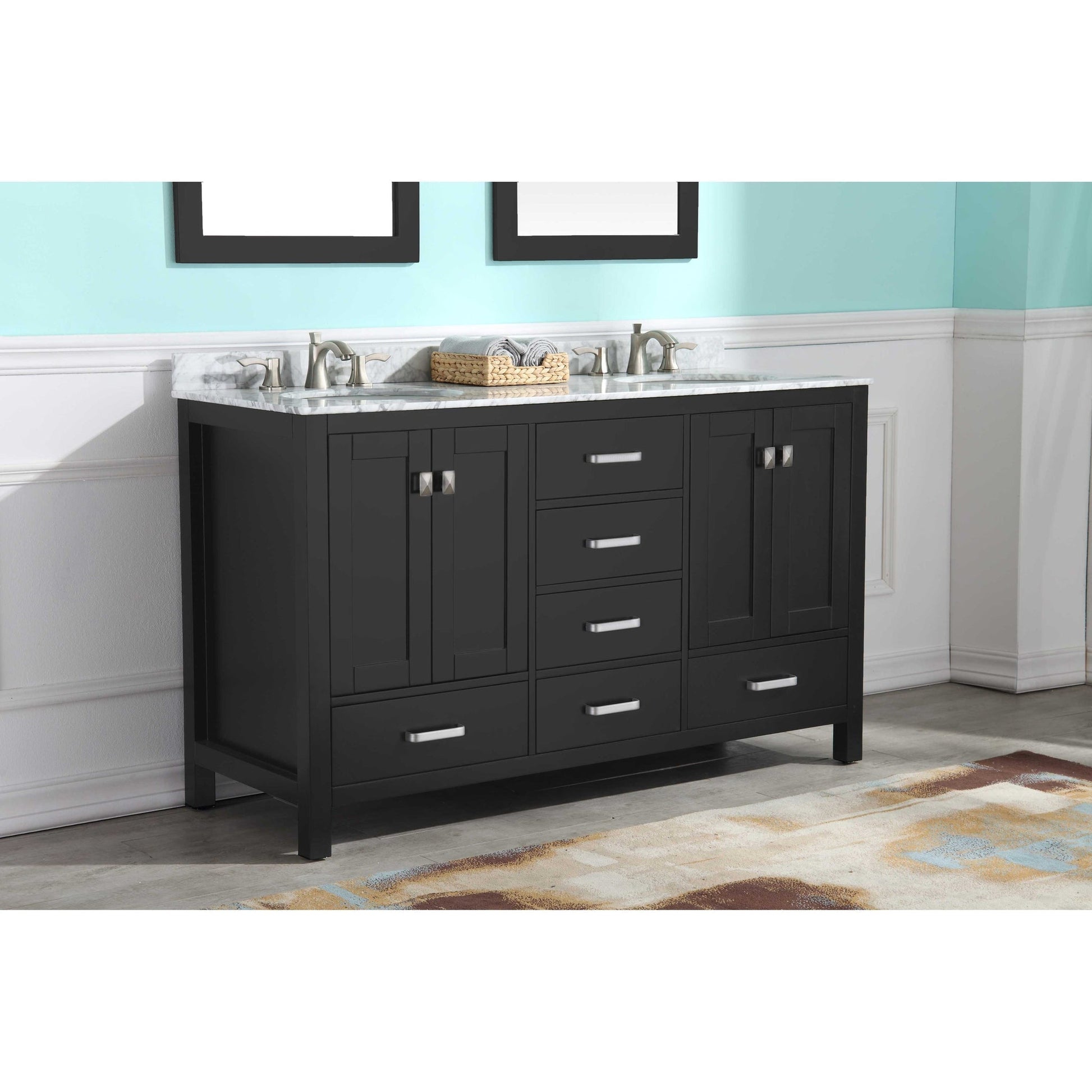 ANZZI Chateau Series 60" x 36" Rich Black Solid Wood Bathroom Vanity With White Carrara Marble Countertop, Basin Sink and Mirror