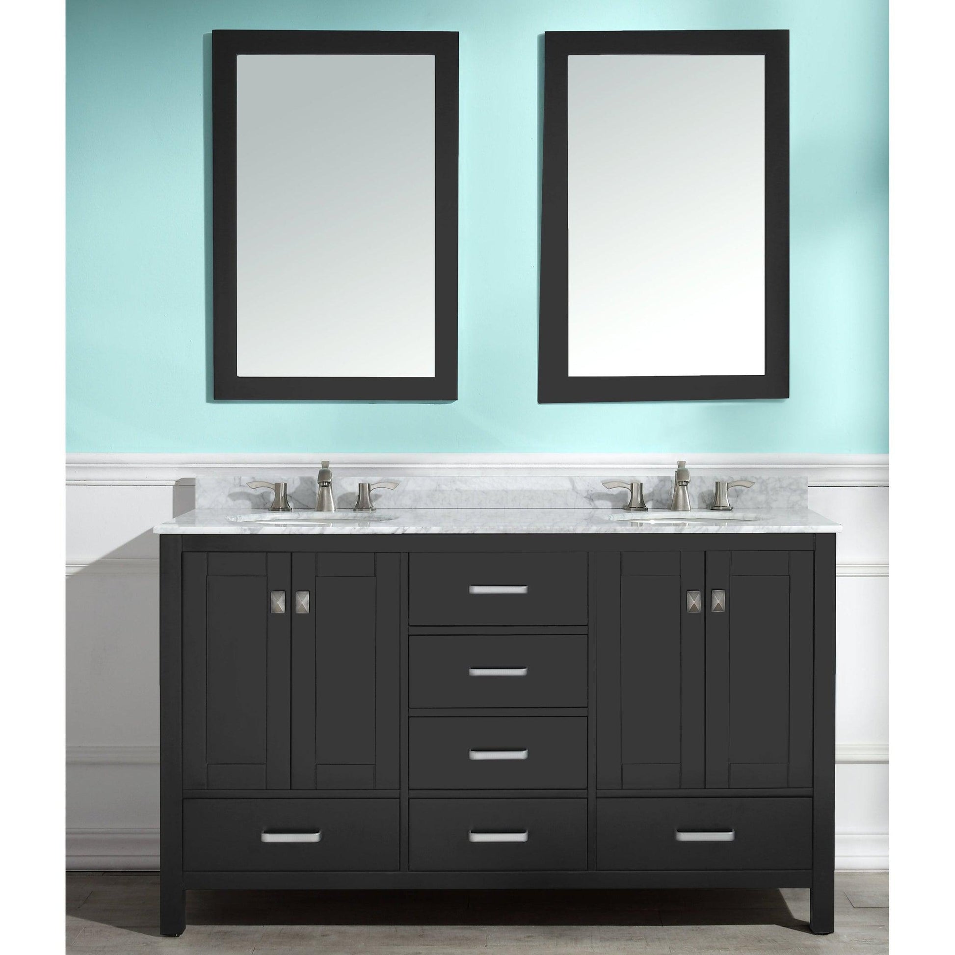 ANZZI Chateau Series 60" x 36" Rich Black Solid Wood Bathroom Vanity With White Carrara Marble Countertop, Basin Sink and Mirror