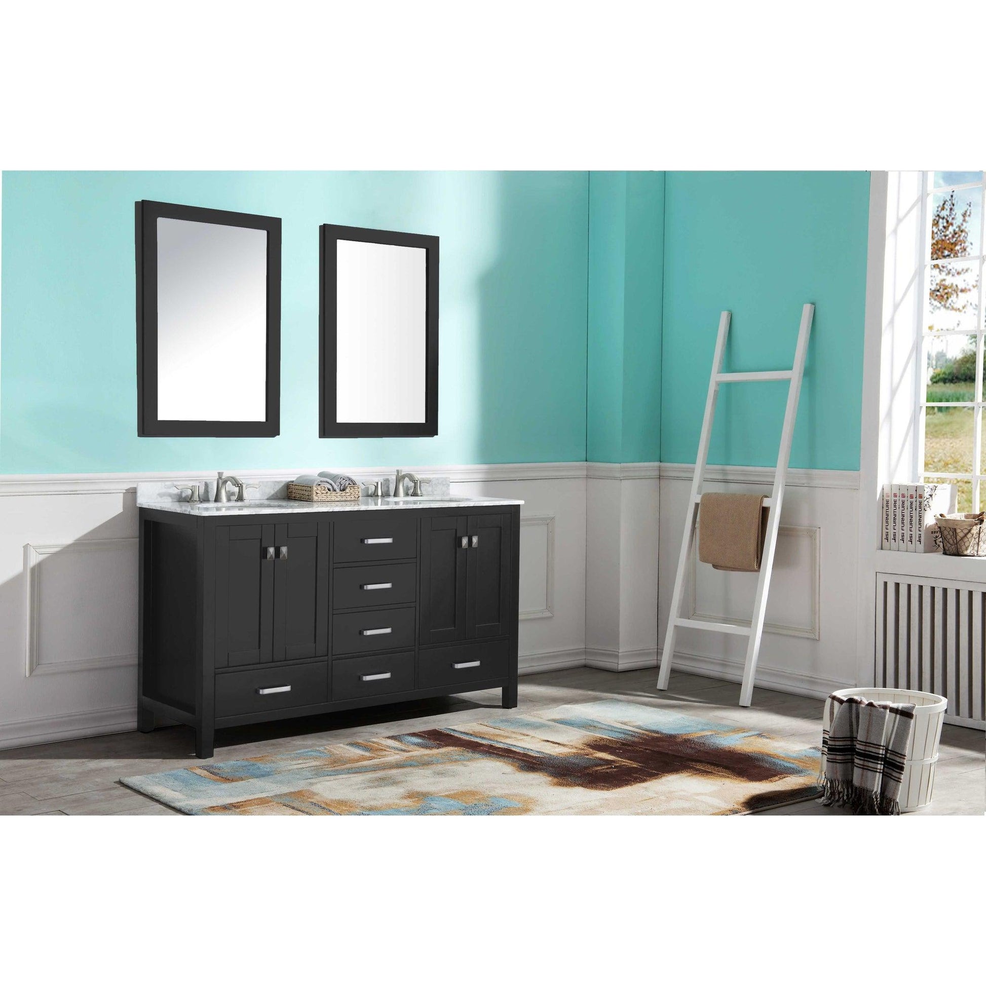 ANZZI Chateau Series 60" x 36" Rich Black Solid Wood Bathroom Vanity With White Carrara Marble Countertop, Basin Sink and Mirror