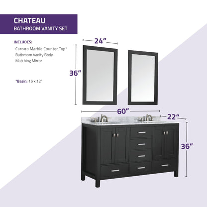 ANZZI Chateau Series 60" x 36" Rich Black Solid Wood Bathroom Vanity With White Carrara Marble Countertop, Basin Sink and Mirror