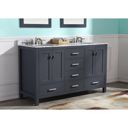 ANZZI Chateau Series 60" x 36" Rich Gray Solid Wood Bathroom Vanity With White Carrara Marble Countertop, Basin Sink and Mirror