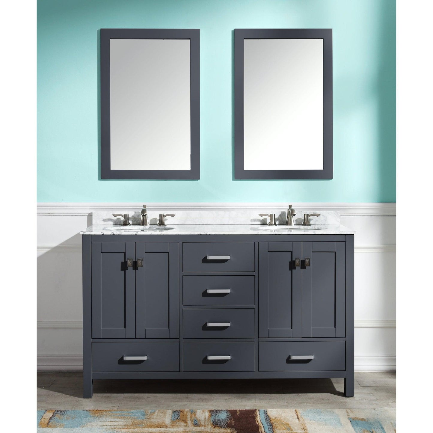 ANZZI Chateau Series 60" x 36" Rich Gray Solid Wood Bathroom Vanity With White Carrara Marble Countertop, Basin Sink and Mirror