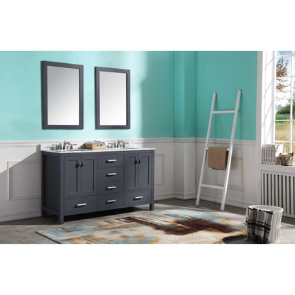 ANZZI Chateau Series 60" x 36" Rich Gray Solid Wood Bathroom Vanity With White Carrara Marble Countertop, Basin Sink and Mirror