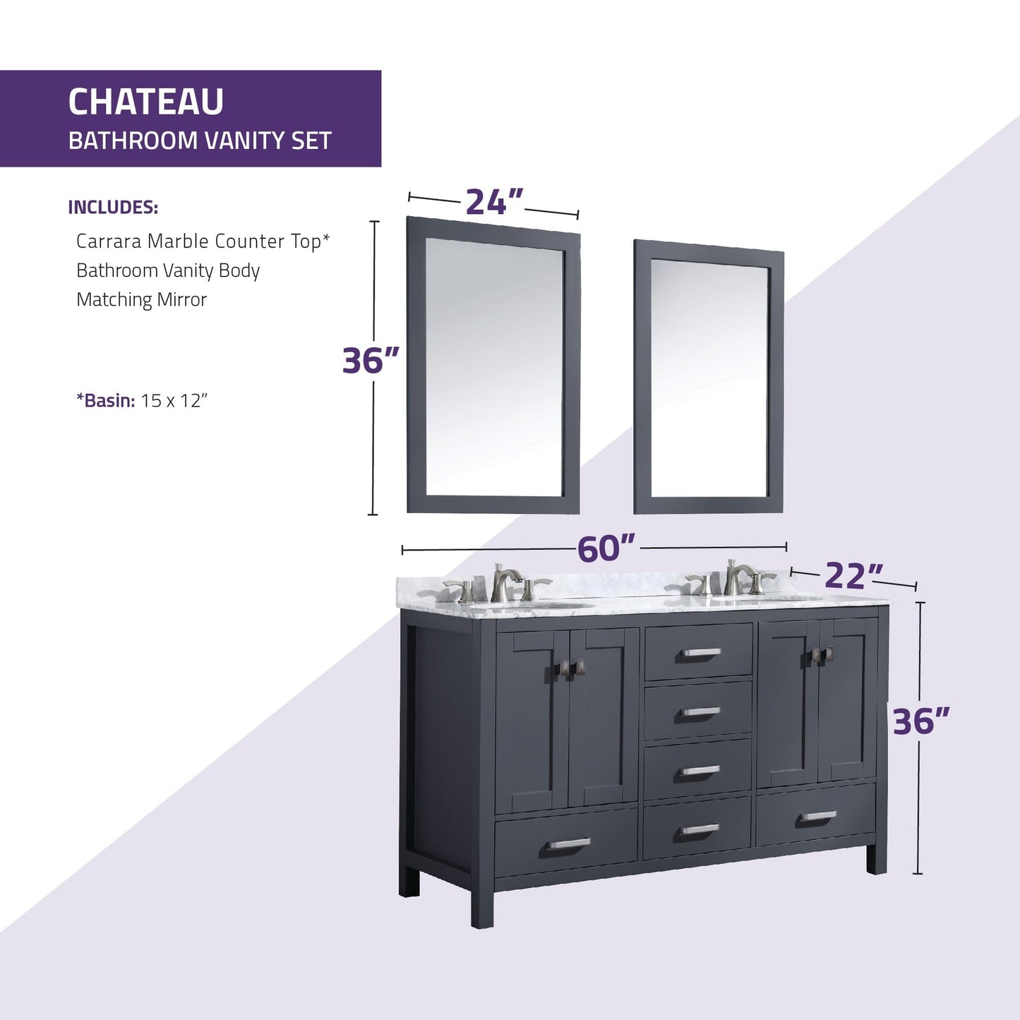 ANZZI Chateau Series 60" x 36" Rich Gray Solid Wood Bathroom Vanity With White Carrara Marble Countertop, Basin Sink and Mirror