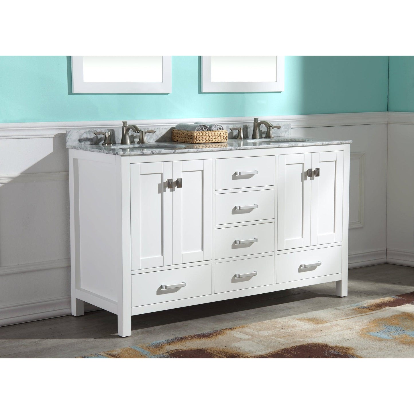 ANZZI Chateau Series 60" x 36" Rich White Solid Wood Bathroom Vanity With White Carrara Marble Countertop, Basin Sink and Mirror