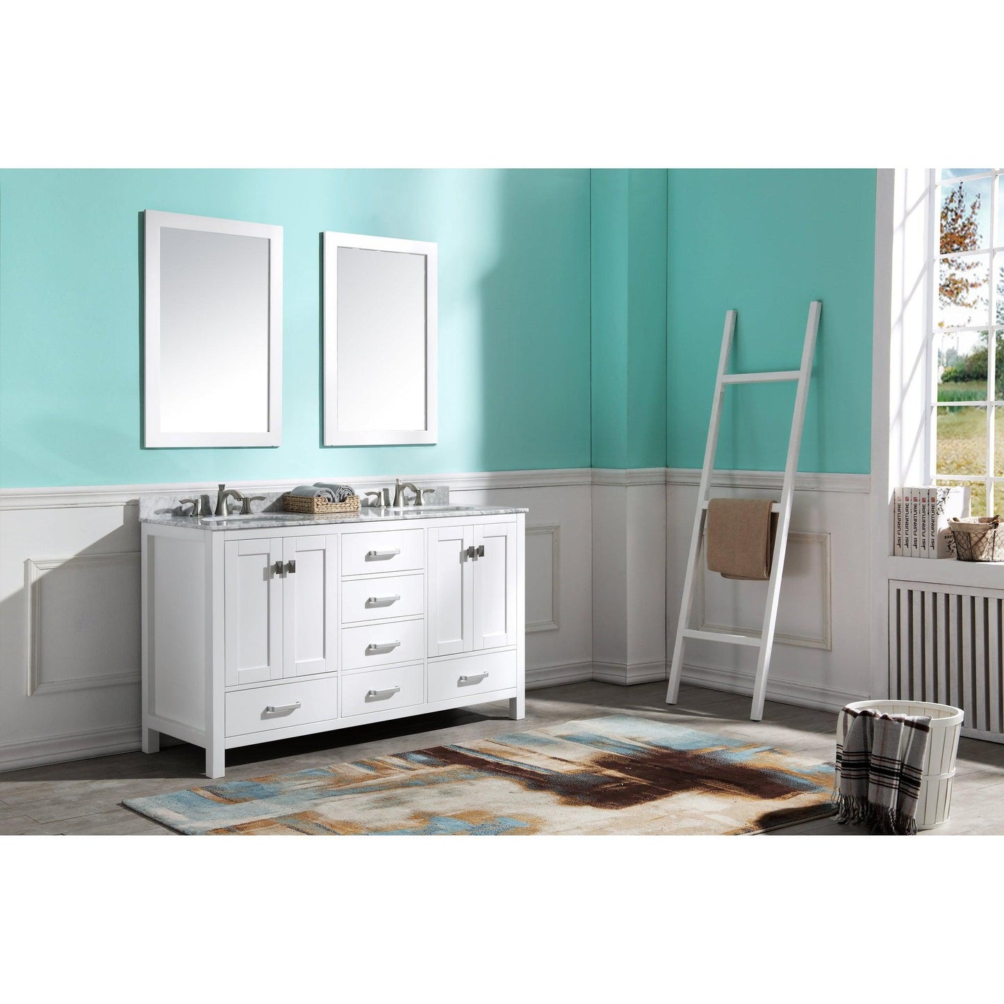 ANZZI Chateau Series 60" x 36" Rich White Solid Wood Bathroom Vanity With White Carrara Marble Countertop, Basin Sink and Mirror