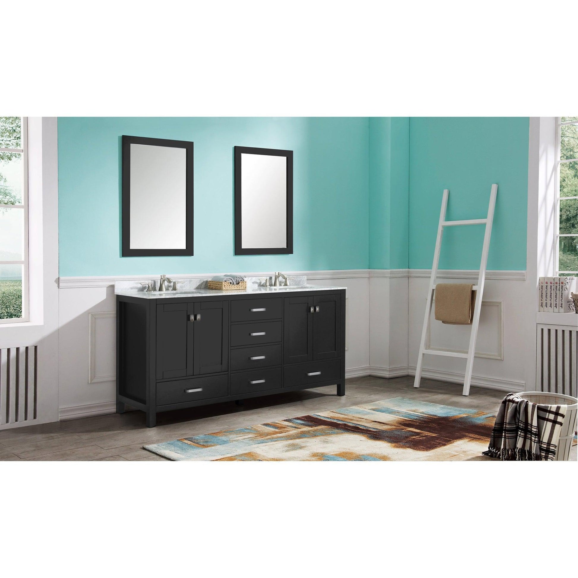 ANZZI Chateau Series 72" x 36" Rich Black Solid Wood Bathroom Vanity With White Carrara Marble Countertop, Basin Sink and Mirror