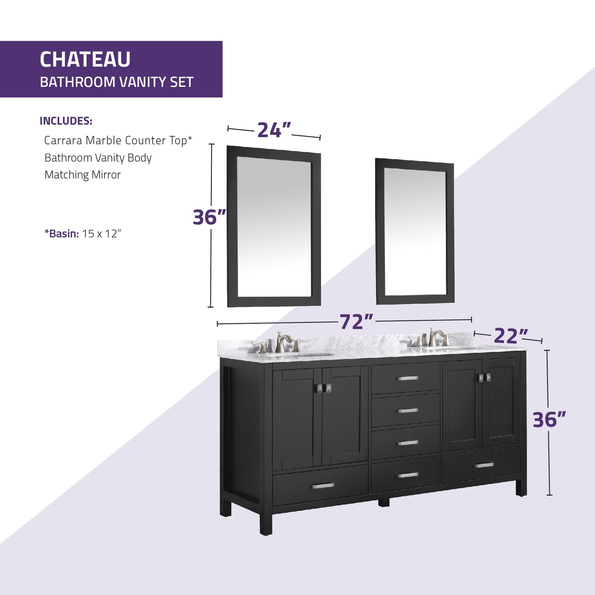 ANZZI Chateau Series 72" x 36" Rich Black Solid Wood Bathroom Vanity With White Carrara Marble Countertop, Basin Sink and Mirror