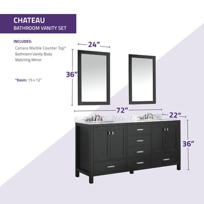 ANZZI Chateau Series 72" x 36" Rich Black Solid Wood Bathroom Vanity With White Carrara Marble Countertop, Basin Sink and Mirror