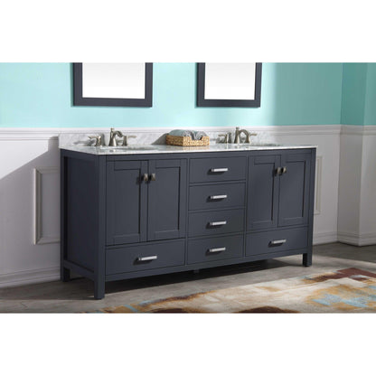 ANZZI Chateau Series 72" x 36" Rich Gray Solid Wood Bathroom Vanity With White Carrara Marble Countertop, Basin Sink and Mirror