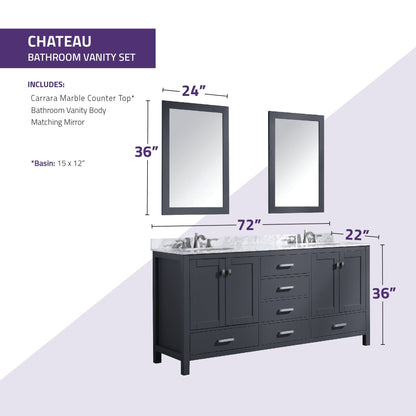 ANZZI Chateau Series 72" x 36" Rich Gray Solid Wood Bathroom Vanity With White Carrara Marble Countertop, Basin Sink and Mirror