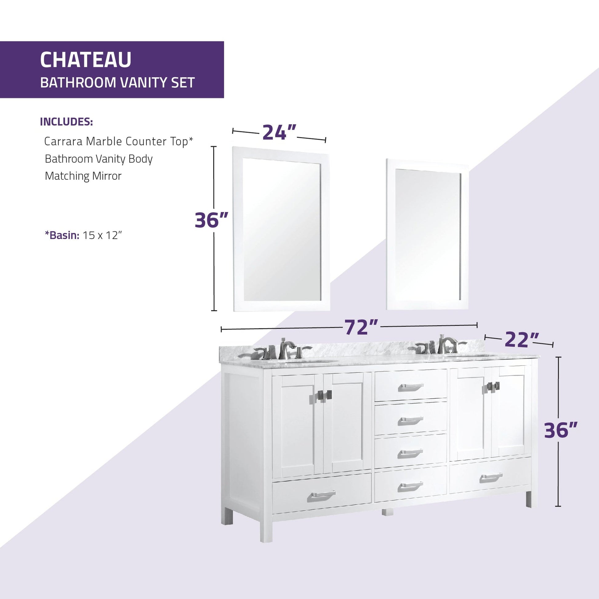 ANZZI Chateau Series 72" x 36" Rich White Solid Wood Bathroom Vanity With White Carrara Marble Countertop, Basin Sink and Mirror