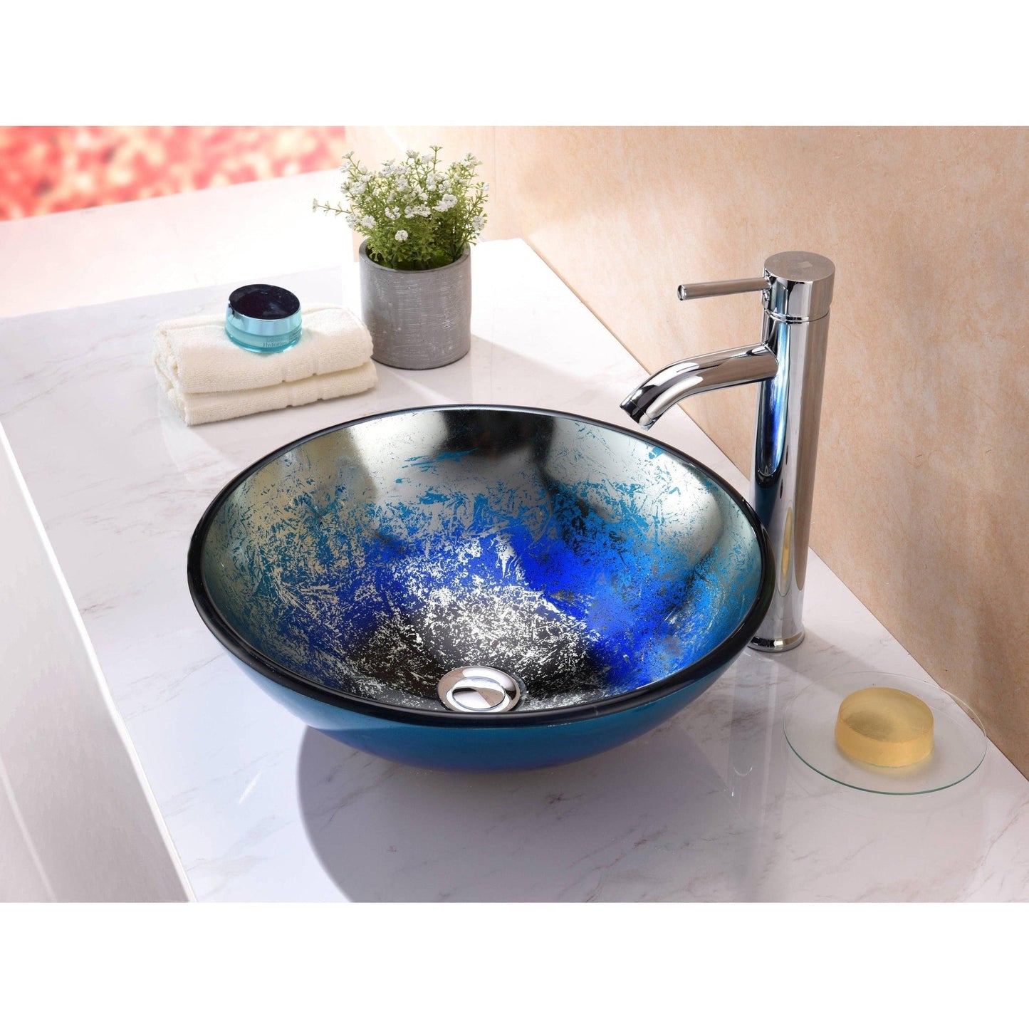 ANZZI Chilasa Series 17" x 17" Round Blue Deco-Glass Vessel Sink With Polished Chrome Pop-Up Drain