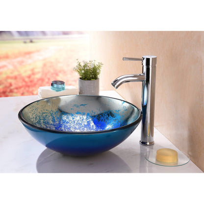 ANZZI Chilasa Series 17" x 17" Round Blue Deco-Glass Vessel Sink With Polished Chrome Pop-Up Drain