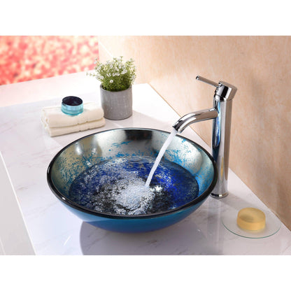 ANZZI Chilasa Series 17" x 17" Round Blue Deco-Glass Vessel Sink With Polished Chrome Pop-Up Drain