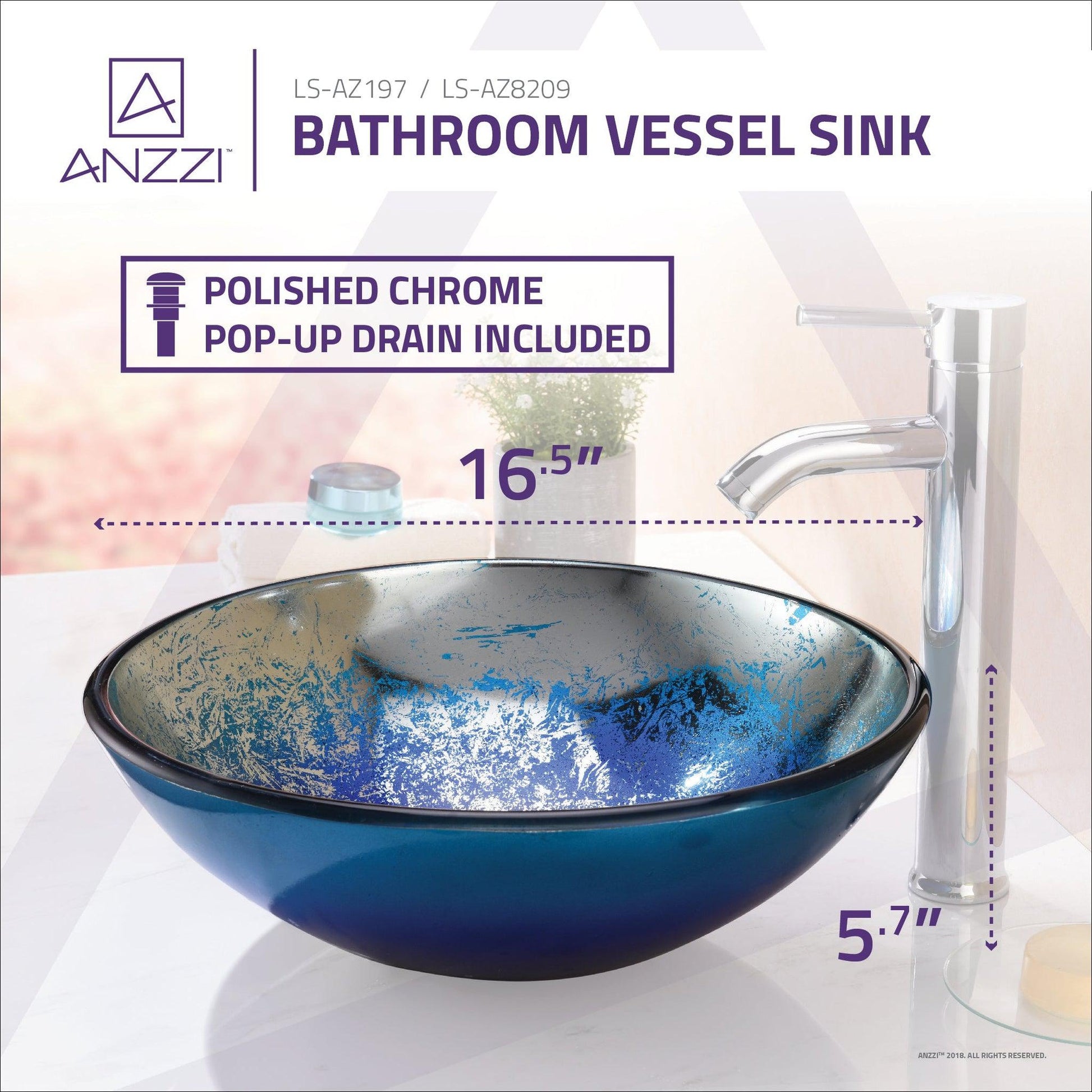 ANZZI Chilasa Series 17" x 17" Round Blue Deco-Glass Vessel Sink With Polished Chrome Pop-Up Drain