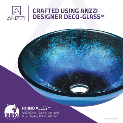 ANZZI Chilasa Series 17" x 17" Round Blue Deco-Glass Vessel Sink With Polished Chrome Pop-Up Drain