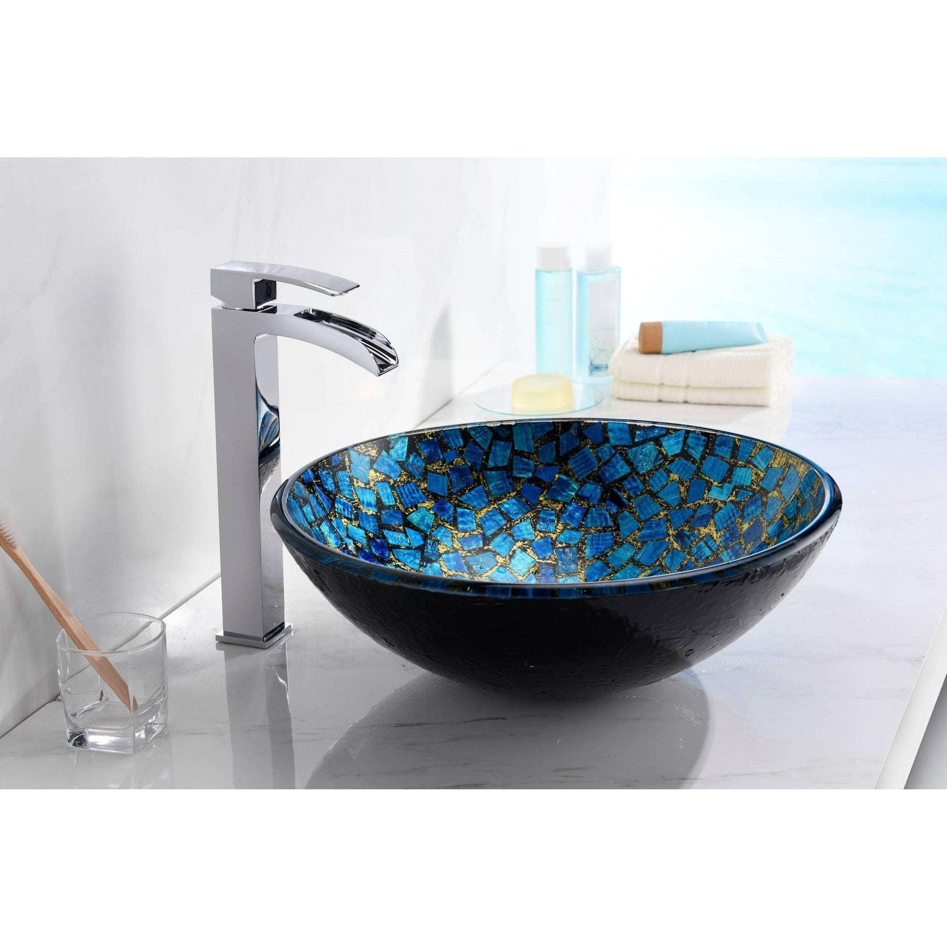 ANZZI Chipasi Series 17" x 17" Round Blue and Gold Mosaic Deco-Glass Vessel Sink With Polished Chrome Pop-Up Drain