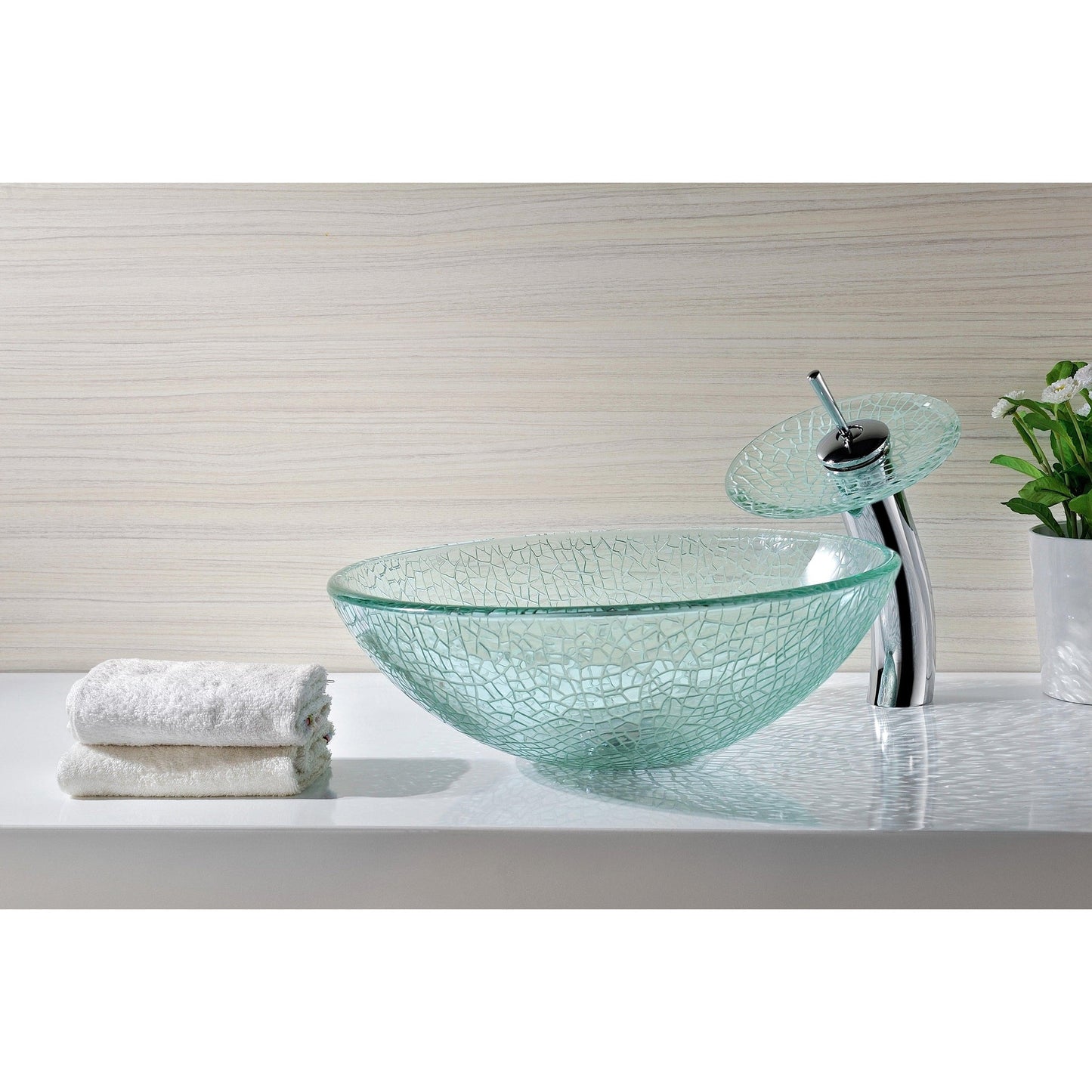 ANZZI Choir Series 17" x 17" Round Crystal Clear Deco-Glass Vessel Sink With Polished Chrome Pop-Up Drain and Waterfall Faucet