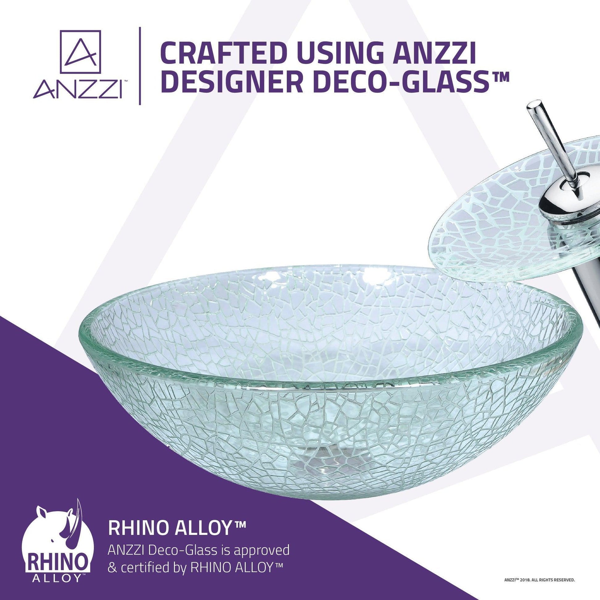 ANZZI Choir Series 17" x 17" Round Crystal Clear Deco-Glass Vessel Sink With Polished Chrome Pop-Up Drain and Waterfall Faucet