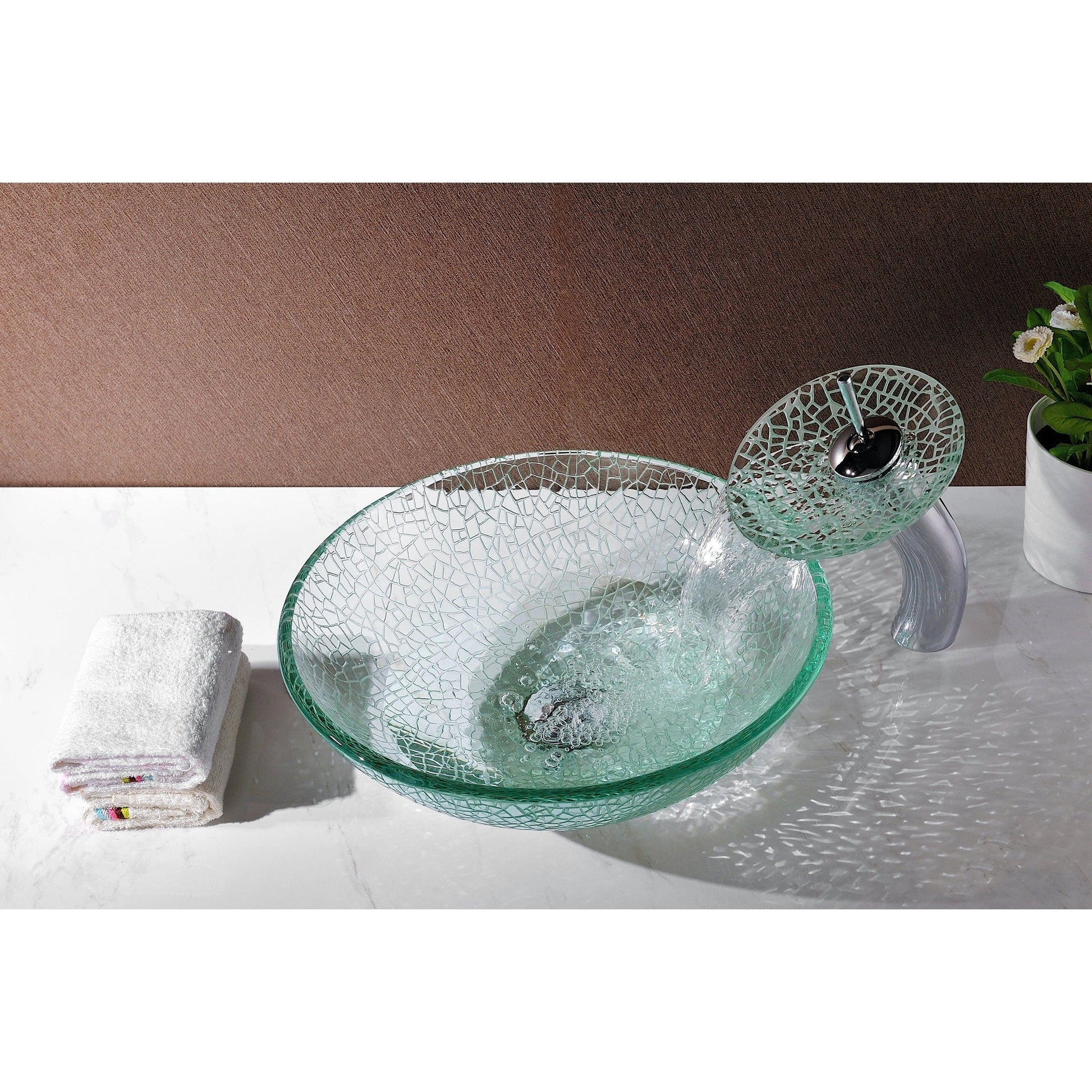 ANZZI Choir Series 17" x 17" Round Crystal Clear Deco-Glass Vessel Sink With Polished Chrome Pop-Up Drain and Waterfall Faucet