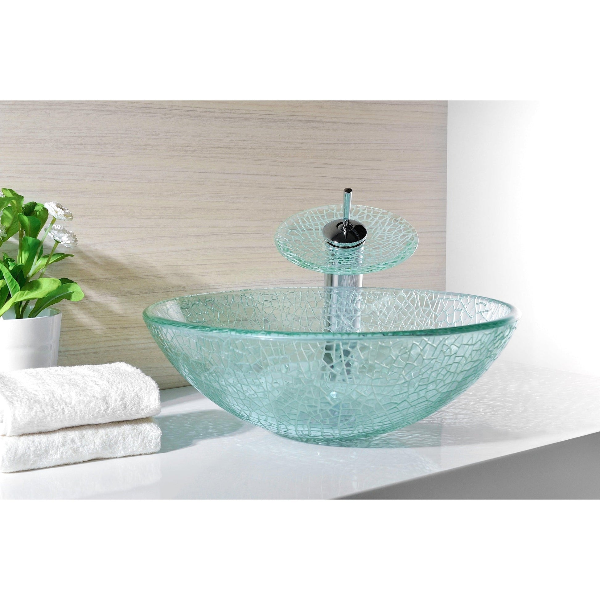 ANZZI Choir Series 17" x 17" Round Crystal Clear Deco-Glass Vessel Sink With Polished Chrome Pop-Up Drain and Waterfall Faucet