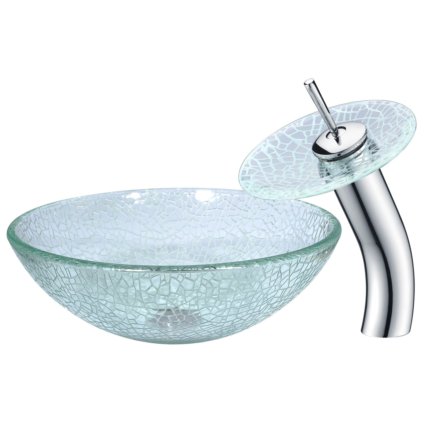 ANZZI Choir Series 17" x 17" Round Crystal Clear Deco-Glass Vessel Sink With Polished Chrome Pop-Up Drain and Waterfall Faucet