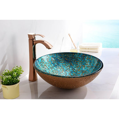 ANZZI Chrona Series 17" x 17" Round Gold and Cyan Deco-Glass Vessel Sink With Polished Chrome Pop-Up Drain