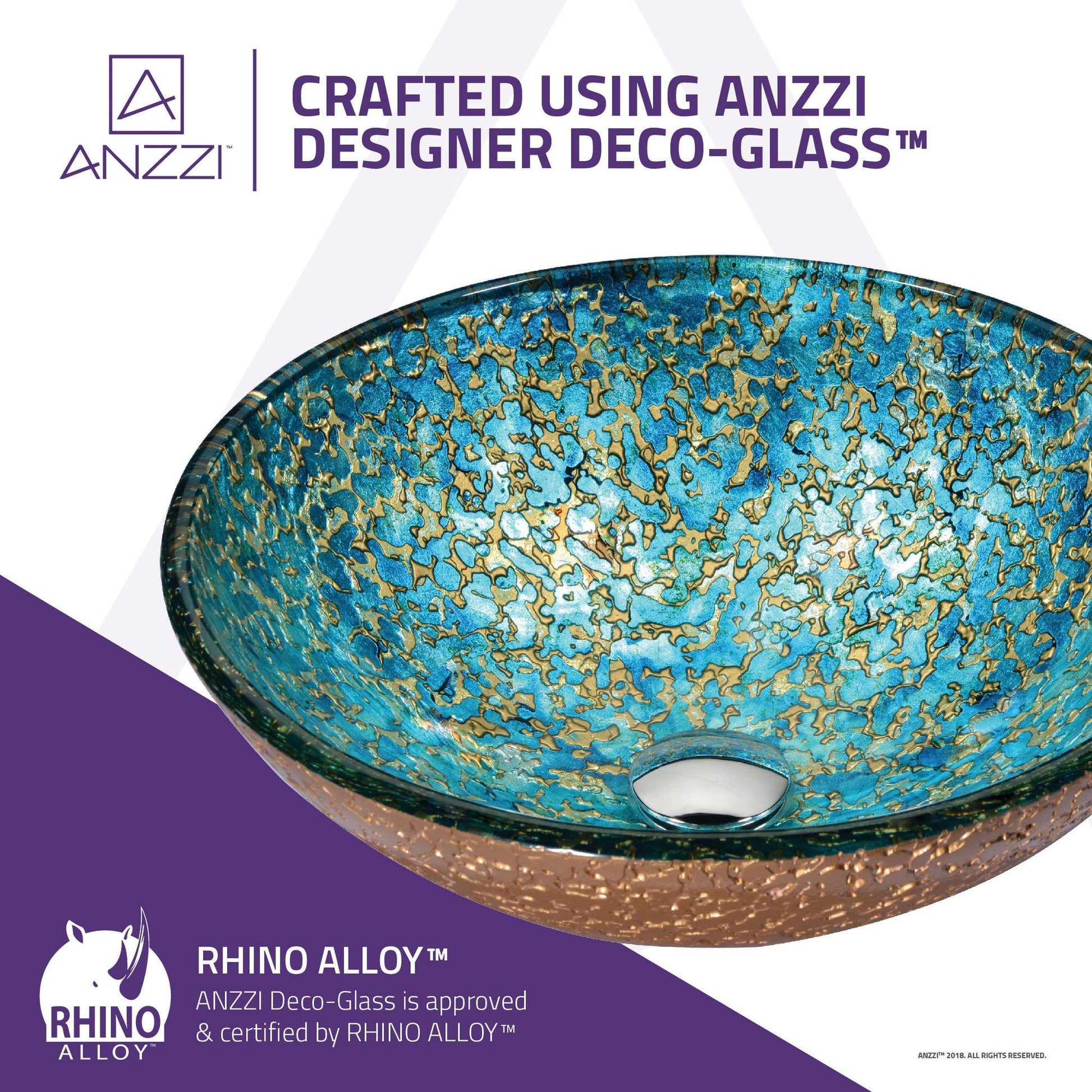 ANZZI Chrona Series 17" x 17" Round Gold and Cyan Deco-Glass Vessel Sink With Polished Chrome Pop-Up Drain