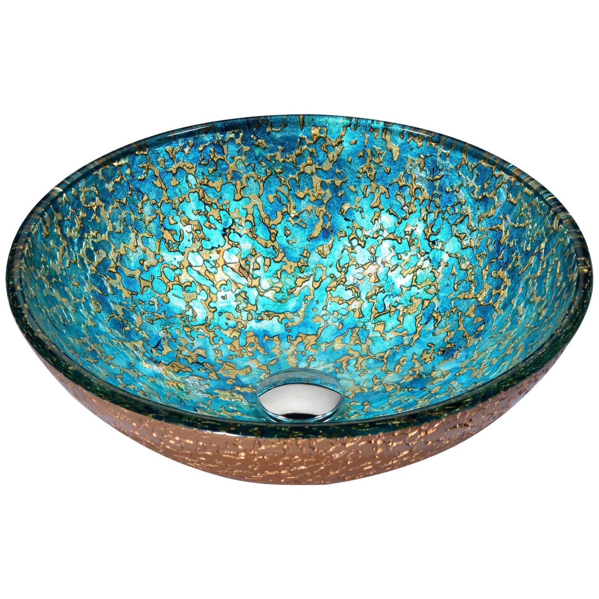 ANZZI Chrona Series 17" x 17" Round Gold and Cyan Deco-Glass Vessel Sink With Polished Chrome Pop-Up Drain