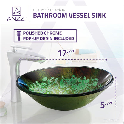 ANZZI Chrona Series 18" x 18" Round Emerald Burst Deco-Glass Vessel Sink With Polished Chrome Pop-Up Drain